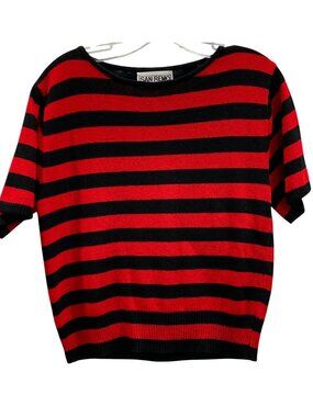 Vtg 80s San Remo Knit Striped Top PM Red Black Retro Twee Preppy Indie Nautical